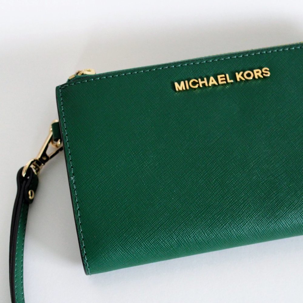 Michael Kors Green Adele Saffiano Leather Double Zip Smartphone Wallet